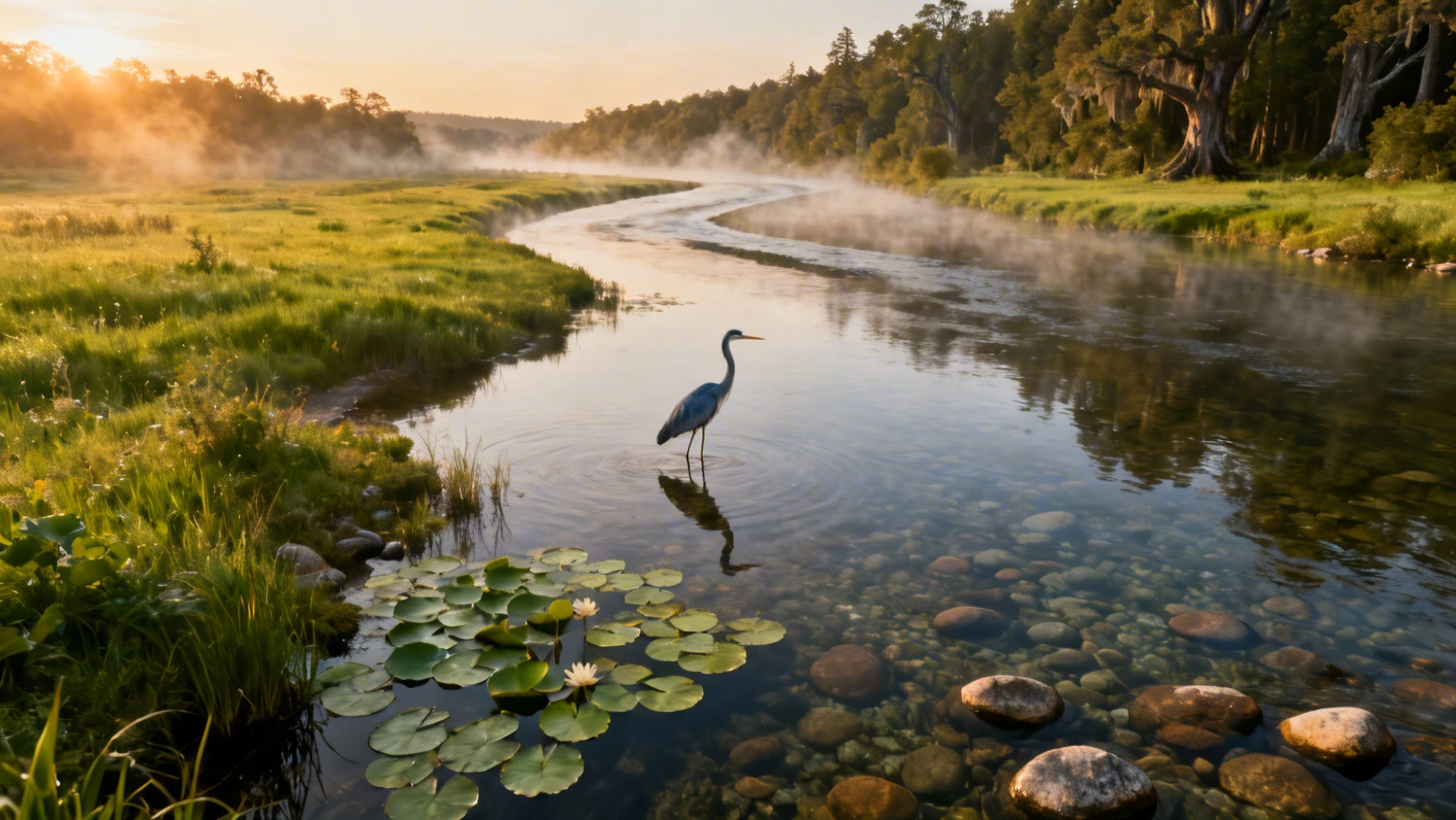 Rivière française au lever du soleil entourée de nature sauvage
